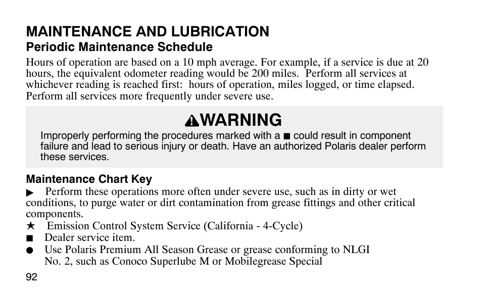 Warning, Maintenance and lubrication | Polaris Predator User Manual | Page 95 / 189