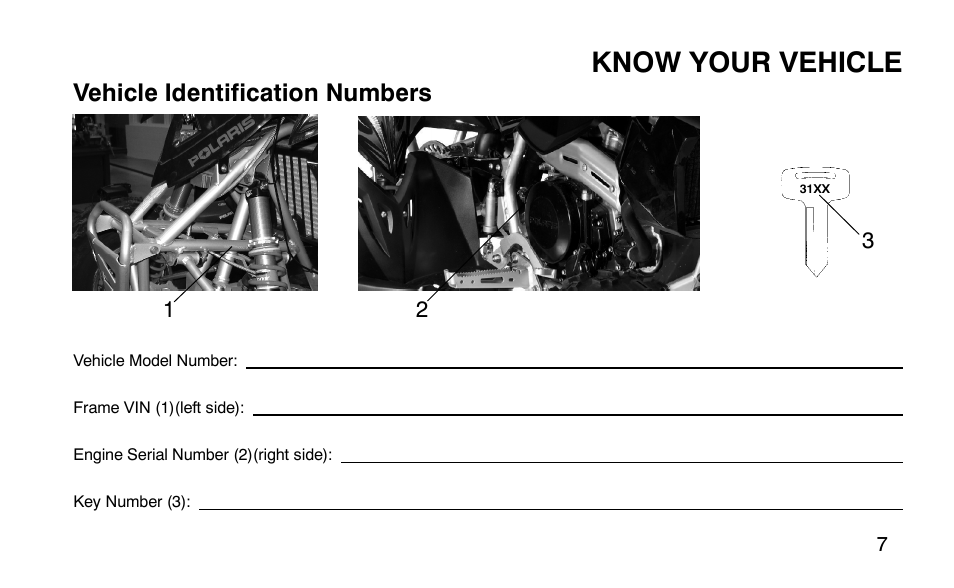 Know your vehicle, Vehicle identification numbers | Polaris Outlaw 9920783 User Manual | Page 10 / 202
