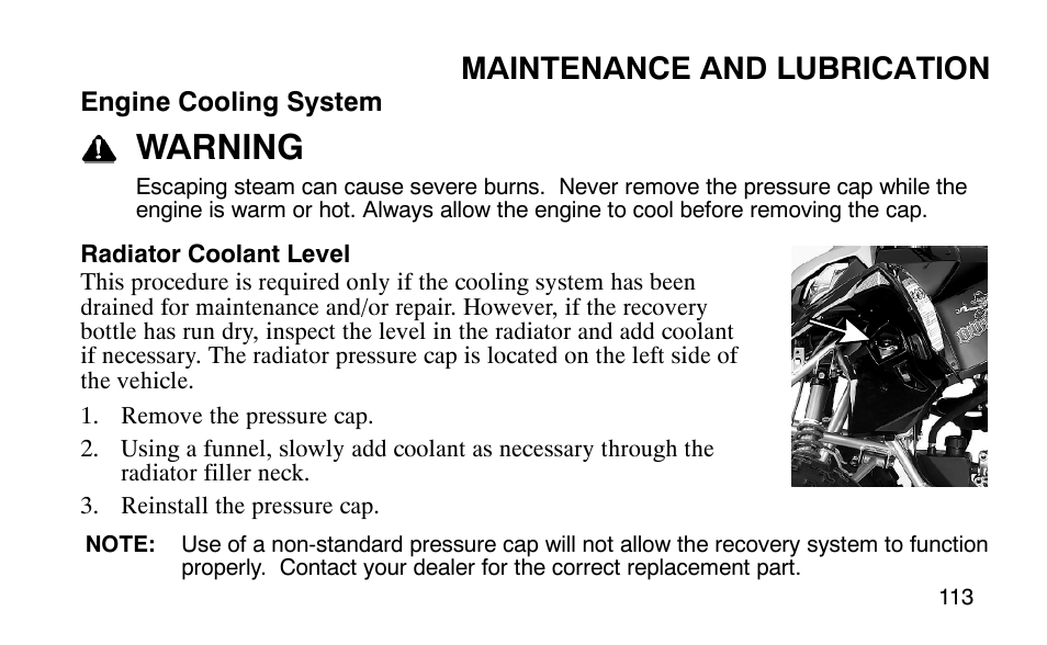 Warning, Maintenance and lubrication | Polaris Outlaw 9920783 User Manual | Page 116 / 202
