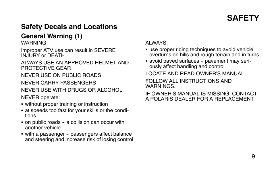 Safety, Safety decals and locations | Polaris Outlaw 9920783 User Manual | Page 12 / 202