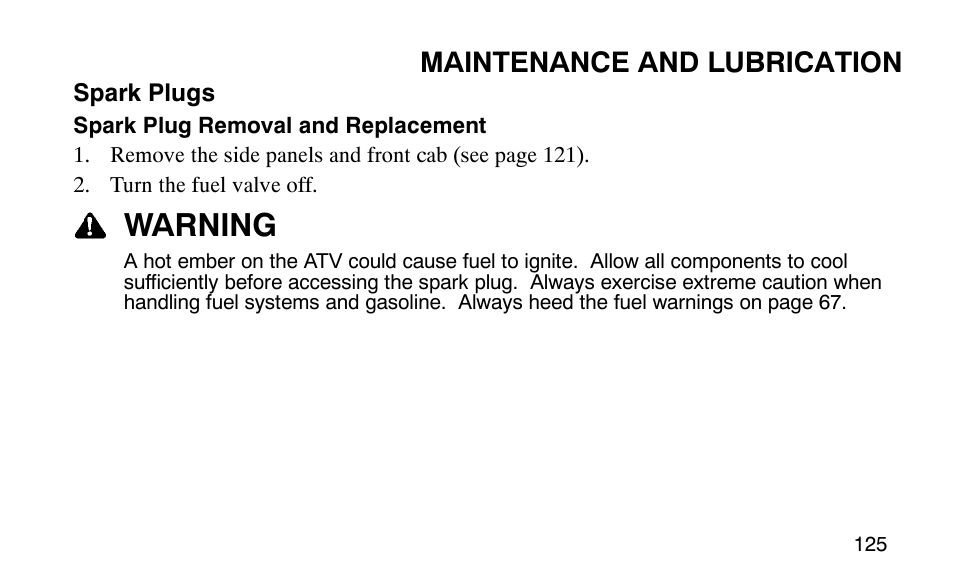 Warning, Maintenance and lubrication | Polaris Outlaw 9920783 User Manual | Page 128 / 202