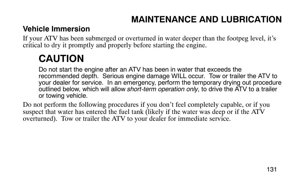 Caution, Maintenance and lubrication | Polaris Outlaw 9920783 User Manual | Page 134 / 202