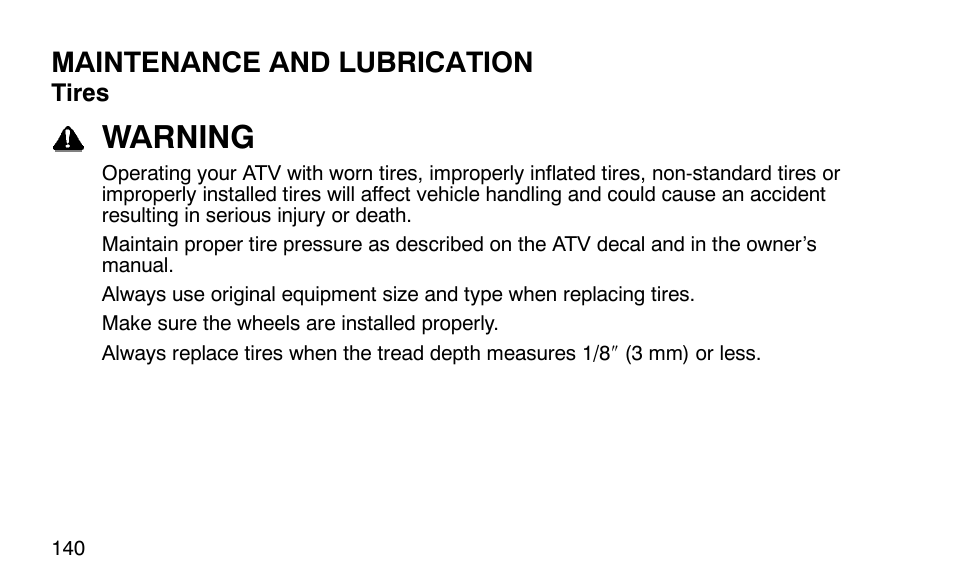 Warning, Maintenance and lubrication | Polaris Outlaw 9920783 User Manual | Page 143 / 202