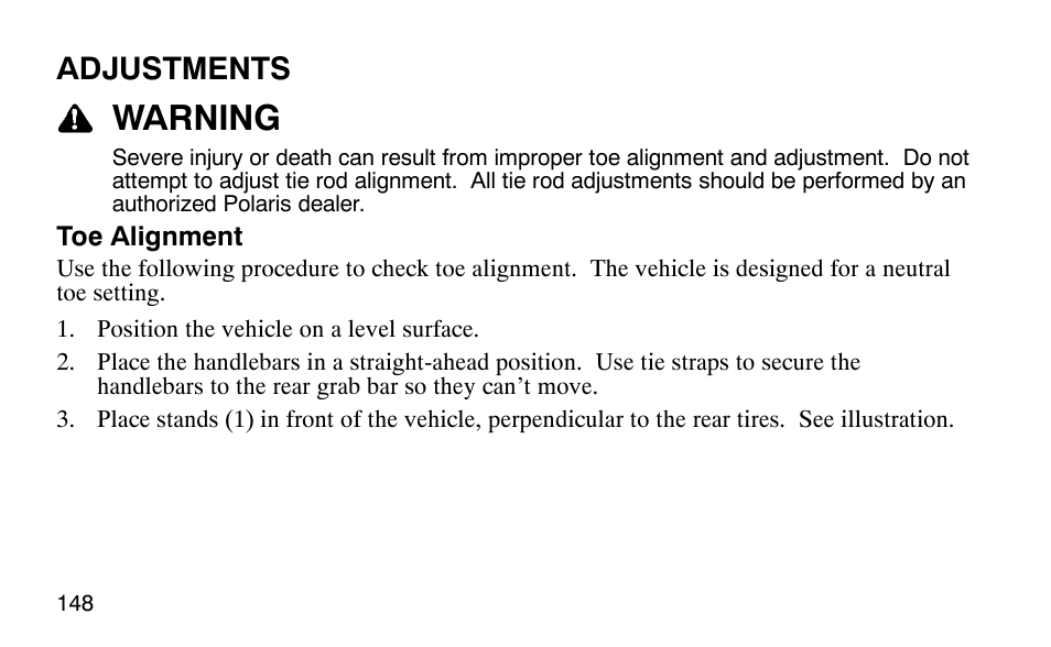 Warning, Adjustments | Polaris Outlaw 9920783 User Manual | Page 151 / 202