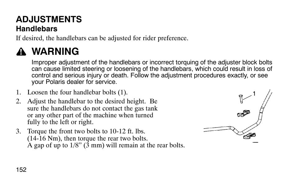 Warning, Adjustments | Polaris Outlaw 9920783 User Manual | Page 155 / 202