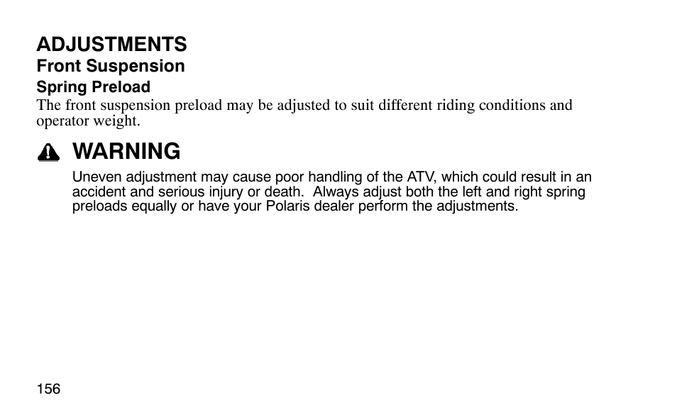 Warning, Adjustments | Polaris Outlaw 9920783 User Manual | Page 159 / 202