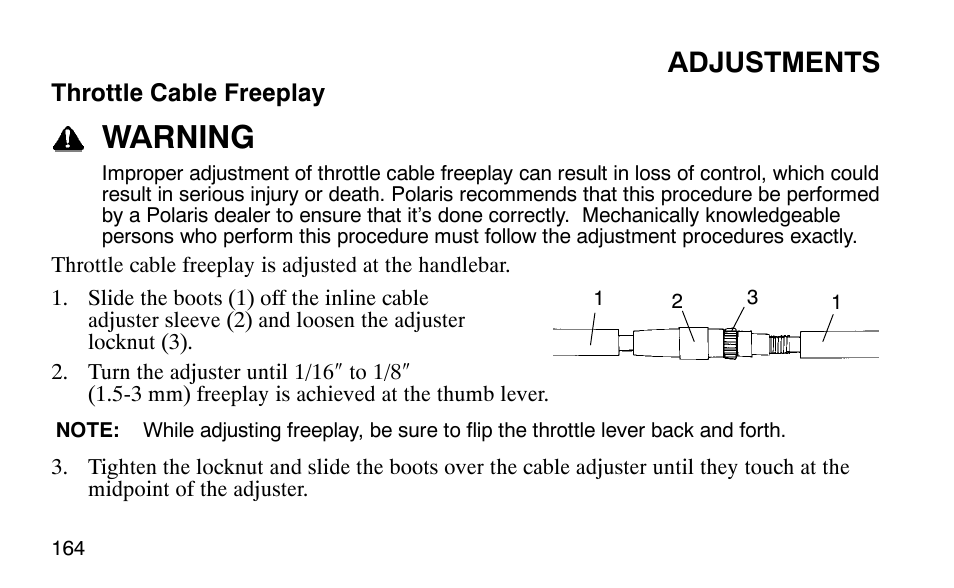 Warning, Adjustments | Polaris Outlaw 9920783 User Manual | Page 167 / 202
