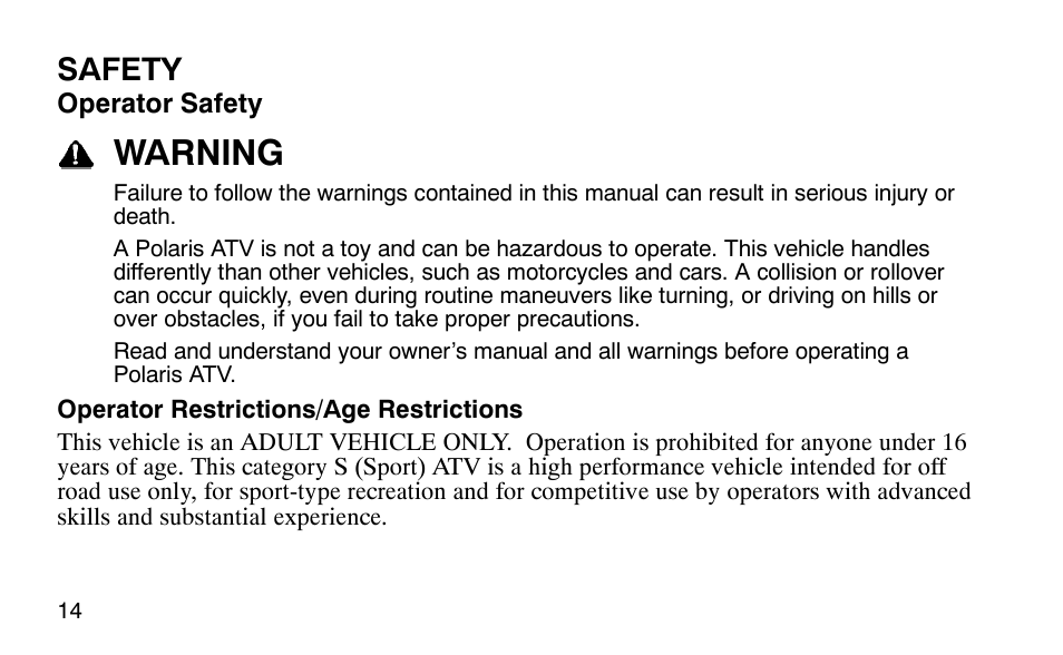 Warning, Safety | Polaris Outlaw 9920783 User Manual | Page 17 / 202