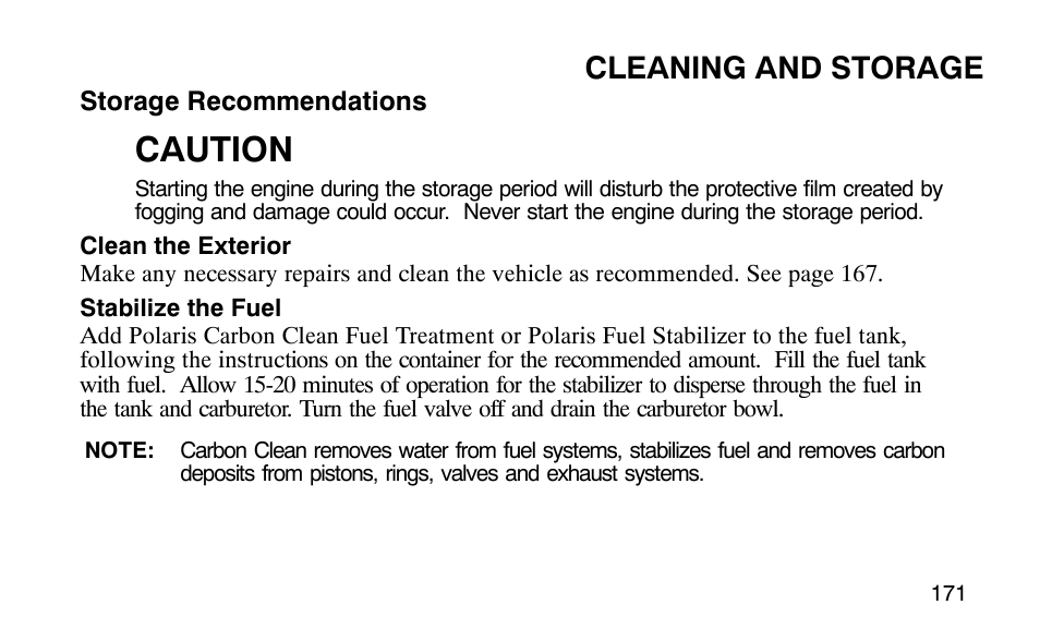 Caution, Cleaning and storage | Polaris Outlaw 9920783 User Manual | Page 174 / 202