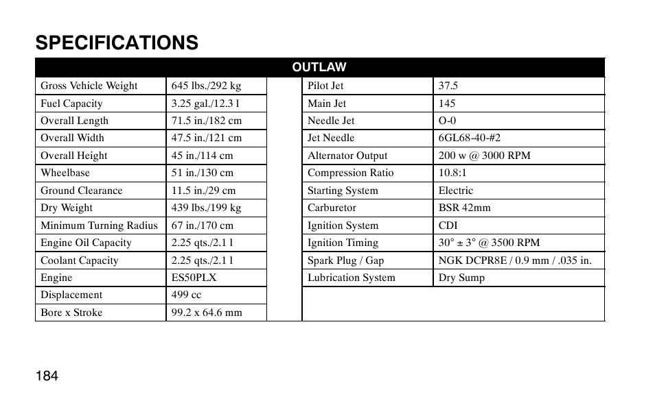 Specifications | Polaris Outlaw 9920783 User Manual | Page 187 / 202