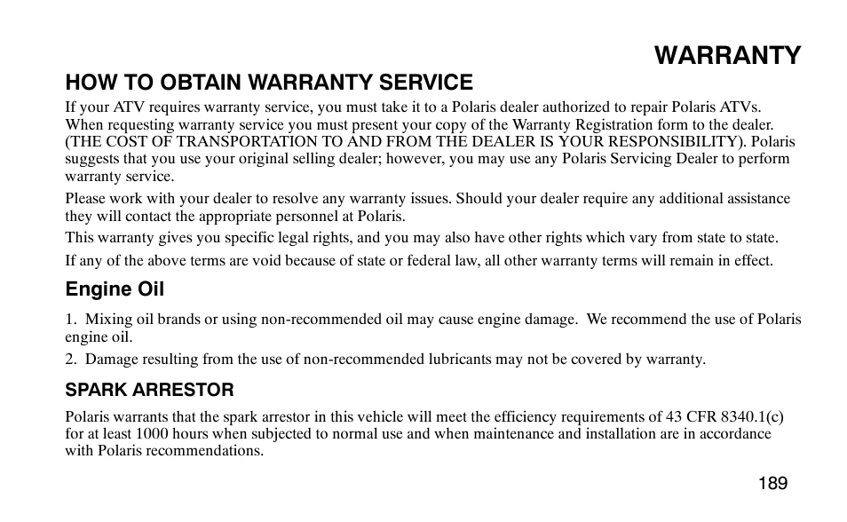 Warranty, How to obtain warranty service | Polaris Outlaw 9920783 User Manual | Page 192 / 202
