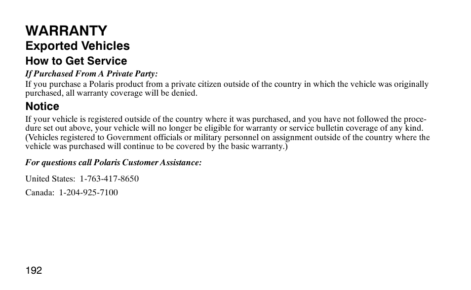 Warranty, Exported vehicles | Polaris Outlaw 9920783 User Manual | Page 195 / 202