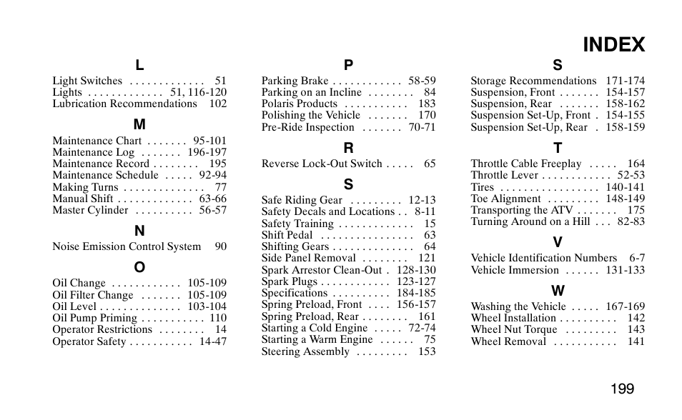 Index | Polaris Outlaw 9920783 User Manual | Page 202 / 202