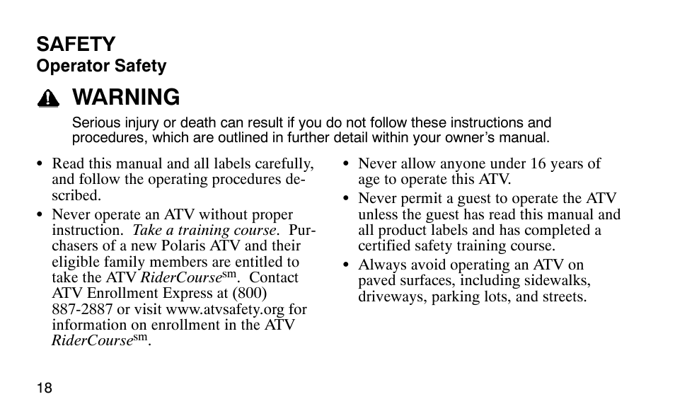 Warning, Safety | Polaris Outlaw 9920783 User Manual | Page 21 / 202