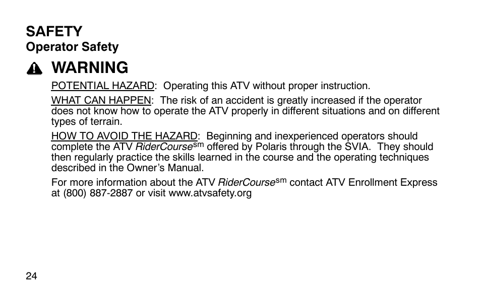 Warning, Safety | Polaris Outlaw 9920783 User Manual | Page 27 / 202