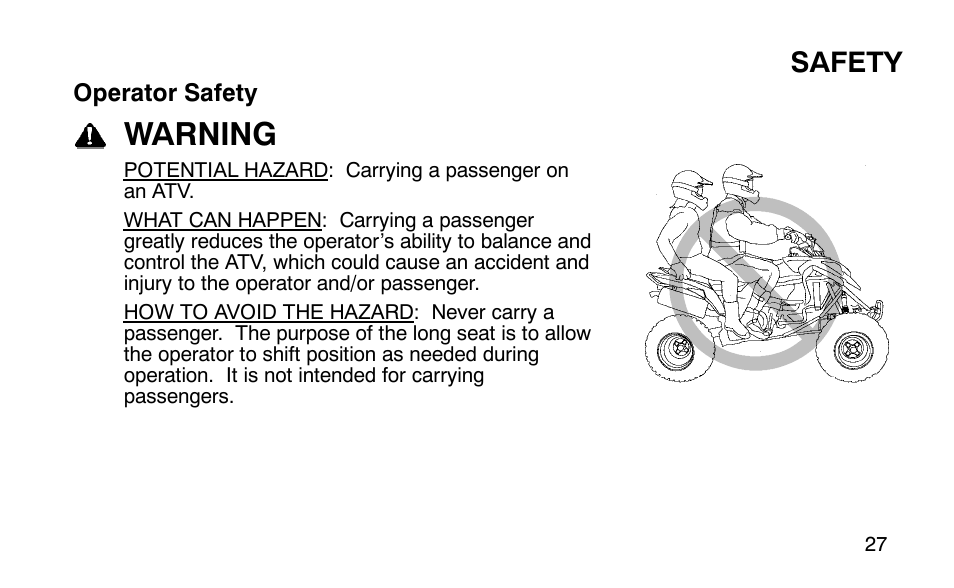Warning, Safety | Polaris Outlaw 9920783 User Manual | Page 30 / 202