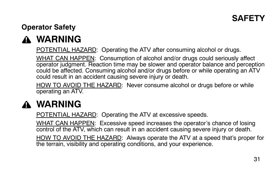 Warning, Safety | Polaris Outlaw 9920783 User Manual | Page 34 / 202