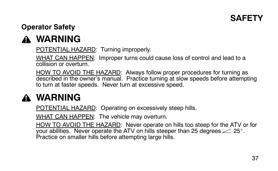 Warning, Safety | Polaris Outlaw 9920783 User Manual | Page 40 / 202