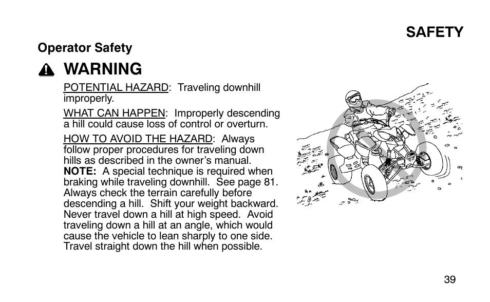 Warning, Safety | Polaris Outlaw 9920783 User Manual | Page 42 / 202