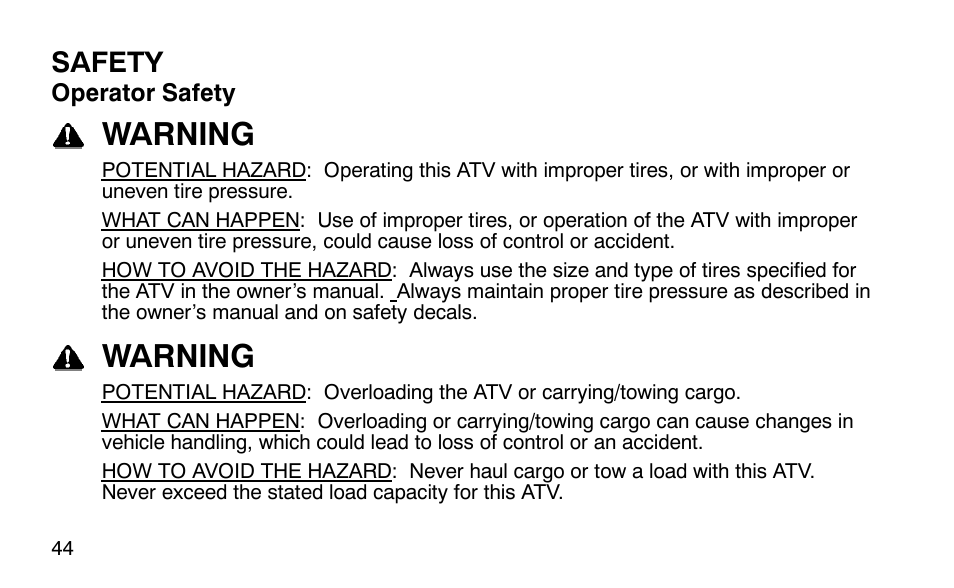 Warning, Safety | Polaris Outlaw 9920783 User Manual | Page 47 / 202