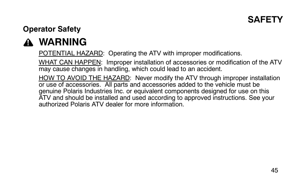 Warning, Safety | Polaris Outlaw 9920783 User Manual | Page 48 / 202