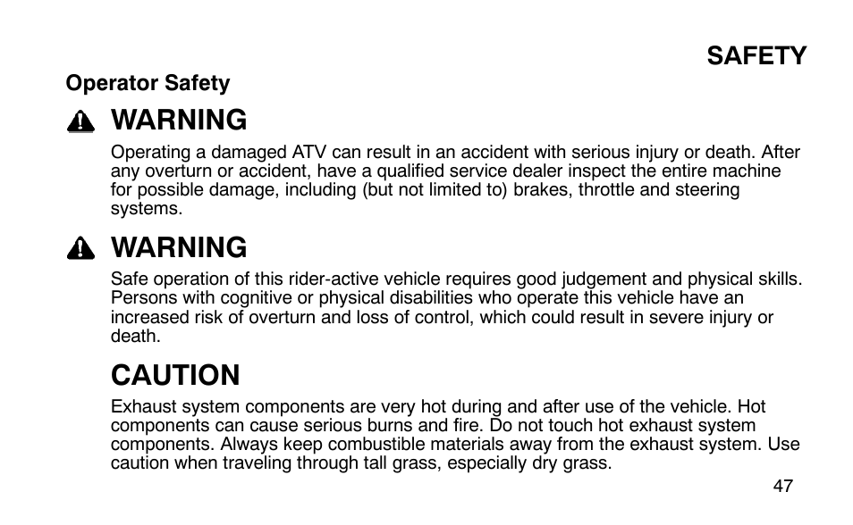 Warning, Caution, Safety | Polaris Outlaw 9920783 User Manual | Page 50 / 202