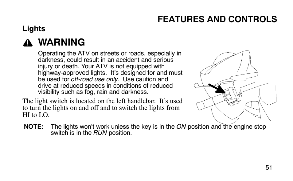 Warning, Features and controls | Polaris Outlaw 9920783 User Manual | Page 54 / 202