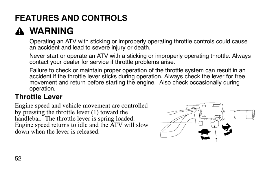 Warning, Features and controls | Polaris Outlaw 9920783 User Manual | Page 55 / 202