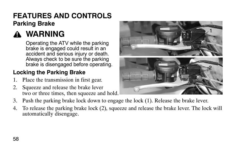 Warning, Features and controls | Polaris Outlaw 9920783 User Manual | Page 61 / 202