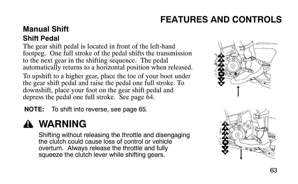 Warning, Features and controls | Polaris Outlaw 9920783 User Manual | Page 66 / 202