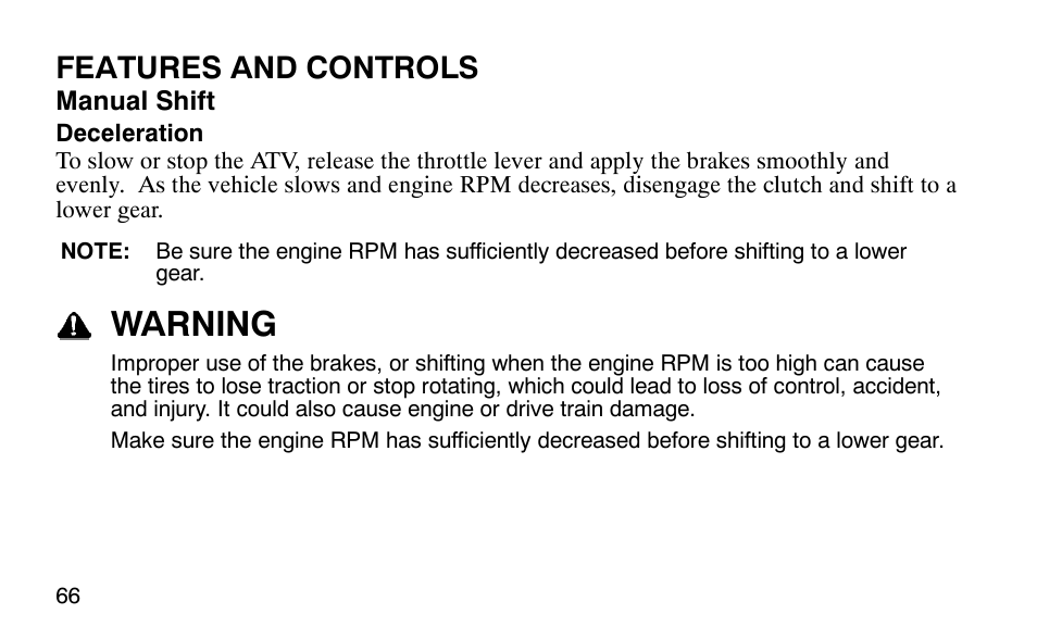 Warning, Features and controls | Polaris Outlaw 9920783 User Manual | Page 69 / 202