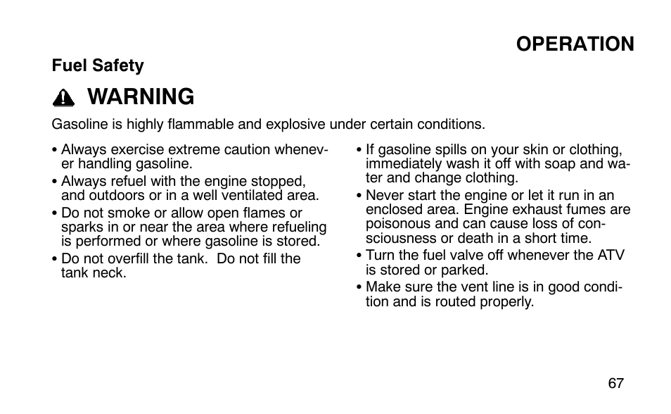 Warning, Operation | Polaris Outlaw 9920783 User Manual | Page 70 / 202