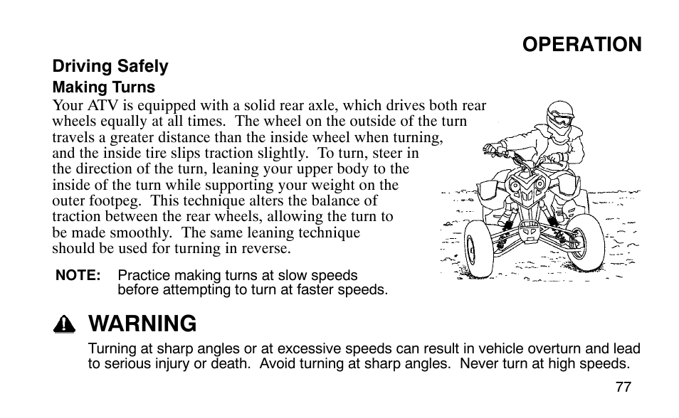Warning, Operation | Polaris Outlaw 9920783 User Manual | Page 80 / 202