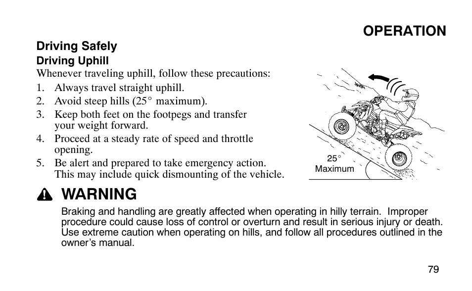 Warning, Operation | Polaris Outlaw 9920783 User Manual | Page 82 / 202