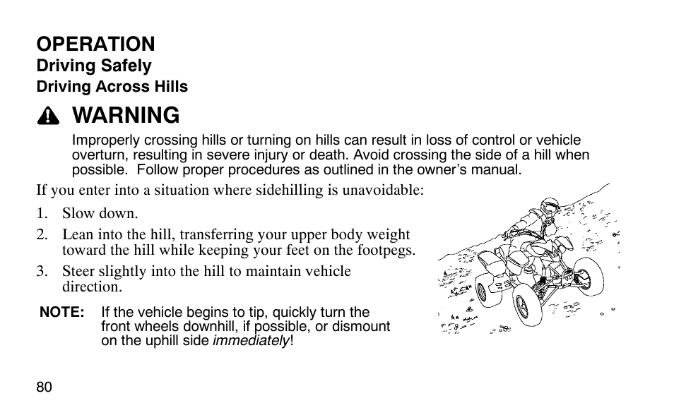 Warning, Operation | Polaris Outlaw 9920783 User Manual | Page 83 / 202
