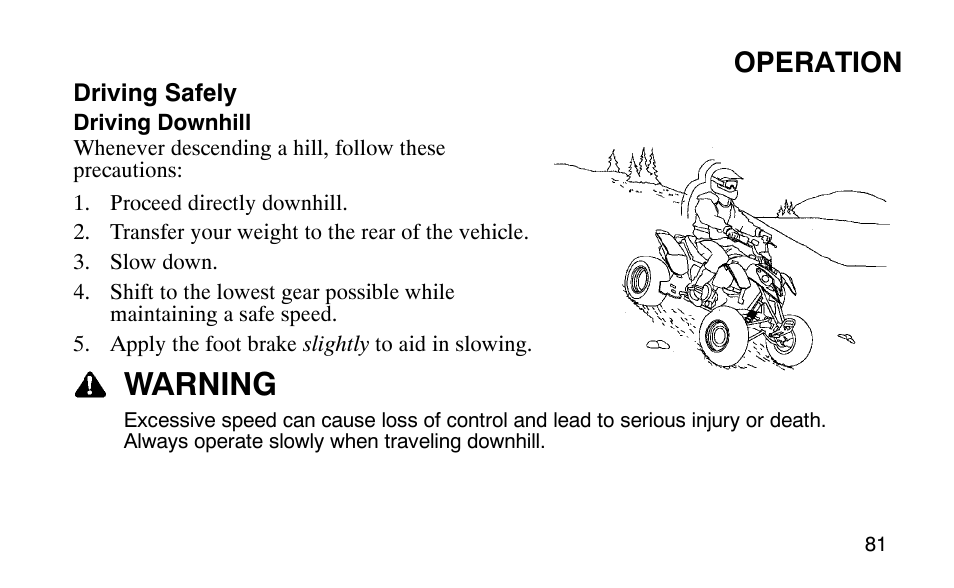 Warning, Operation | Polaris Outlaw 9920783 User Manual | Page 84 / 202