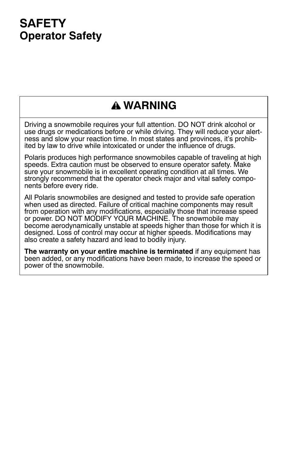 Safety, Operator safety, Warning | Polaris Widetrak LX User Manual | Page 11 / 130