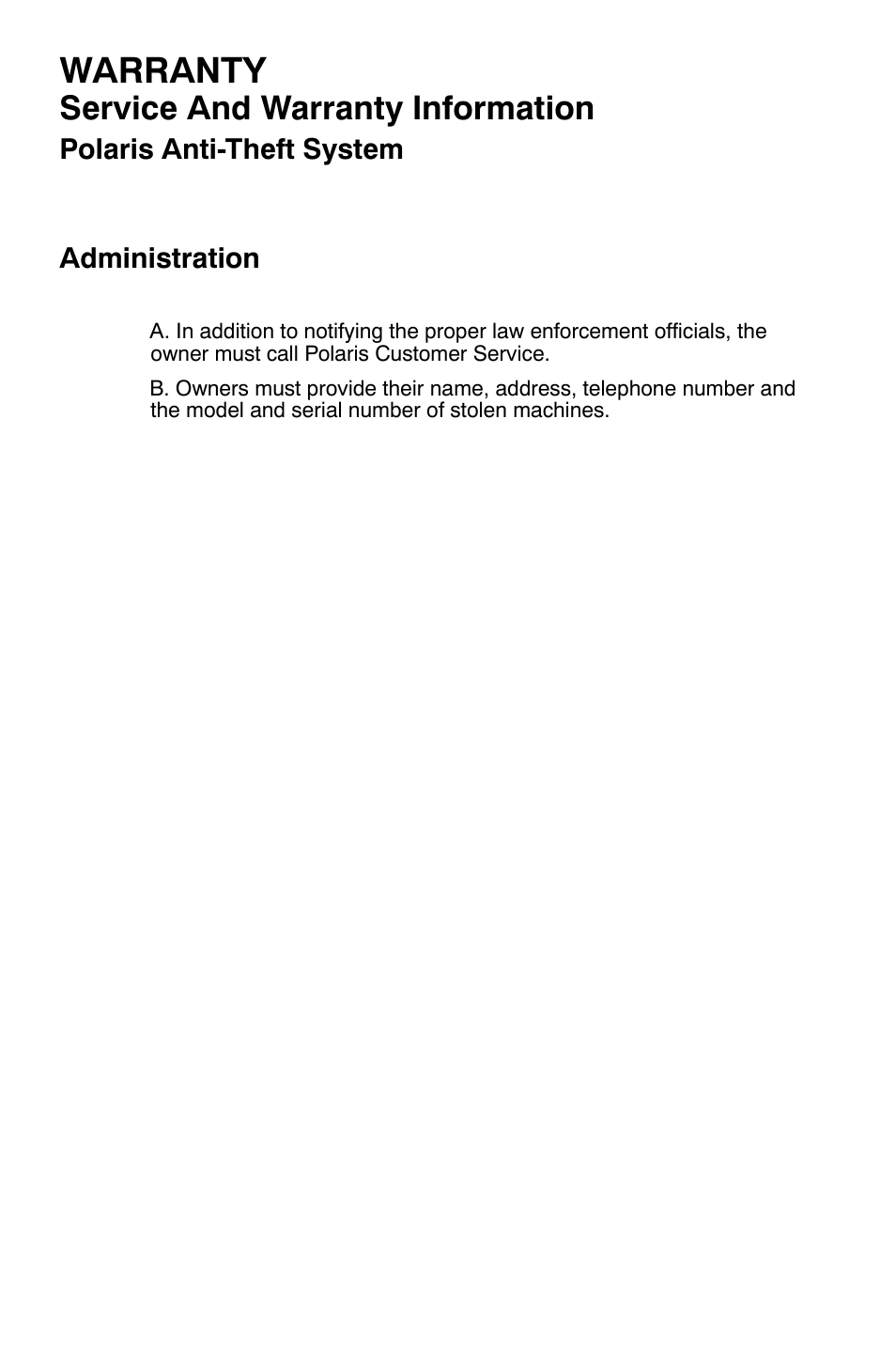 Warranty, Service and warranty information, Polaris anti-theft system | Administration | Polaris Widetrak LX User Manual | Page 117 / 130