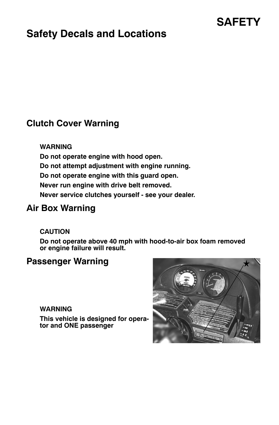 Safety, Safety decals and locations | Polaris Widetrak LX User Manual | Page 26 / 130