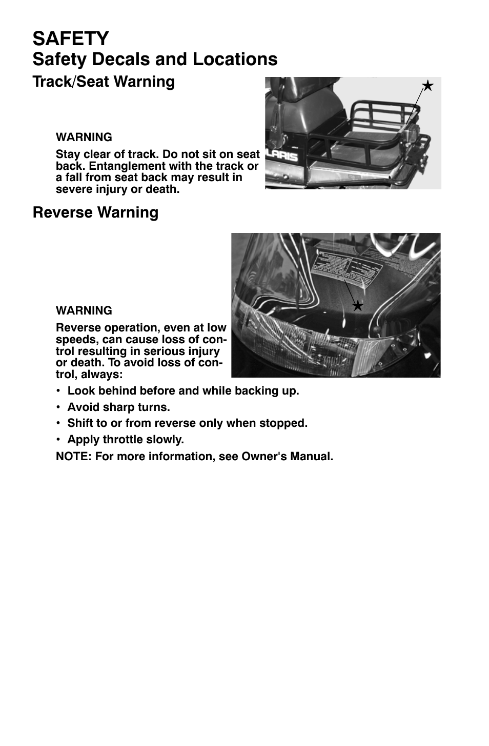 Safety, Safety decals and locations, Track/seat warning | Reverse warning | Polaris Widetrak LX User Manual | Page 27 / 130