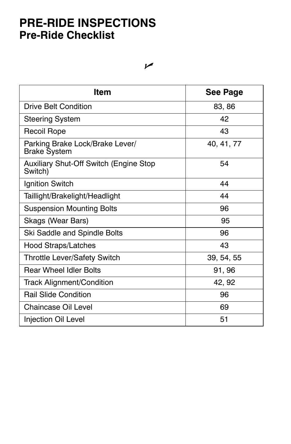 Pre-ride inspections, Pre-ride checklist | Polaris Widetrak LX User Manual | Page 41 / 130
