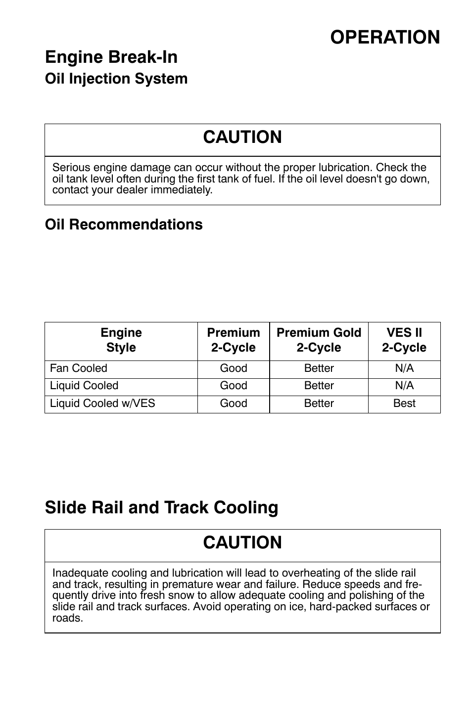 Operation, Engine break-in, Slide rail and track cooling caution | Caution, Oil injection system, Oil recommendations | Polaris Widetrak LX User Manual | Page 50 / 130