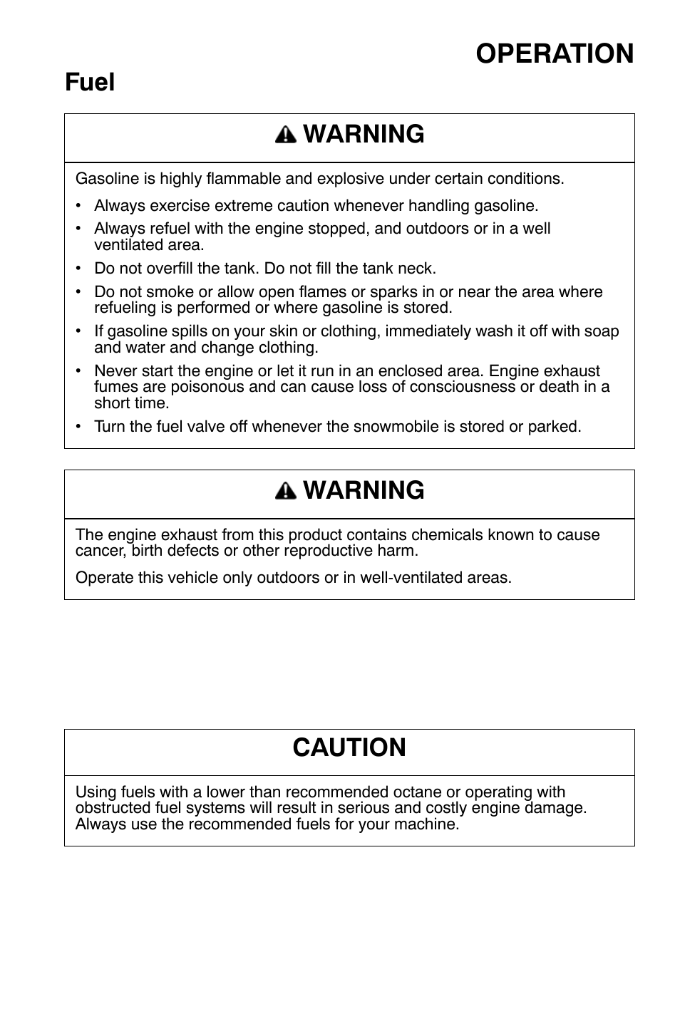 Operation, Fuel, Warning | Caution | Polaris Widetrak LX User Manual | Page 52 / 130