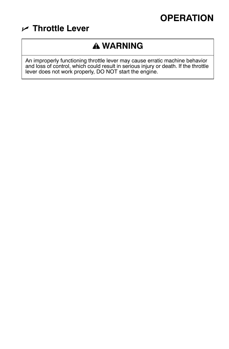 Operation, Throttle lever, Warning | Polaris Widetrak LX User Manual | Page 58 / 130