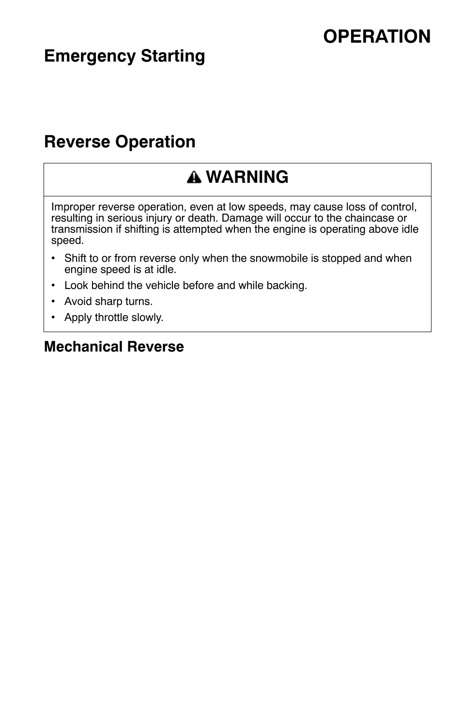 Operation, Emergency starting, Reverse operation | Warning | Polaris Widetrak LX User Manual | Page 60 / 130