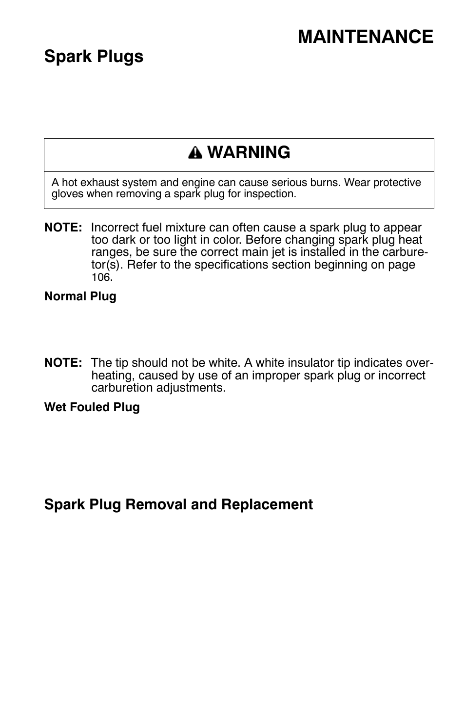 Maintenance, Spark plugs, Warning | Polaris Widetrak LX User Manual | Page 74 / 130