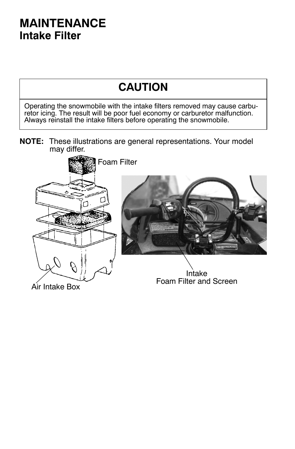Maintenance, Intake filter, Caution | Polaris Widetrak LX User Manual | Page 75 / 130