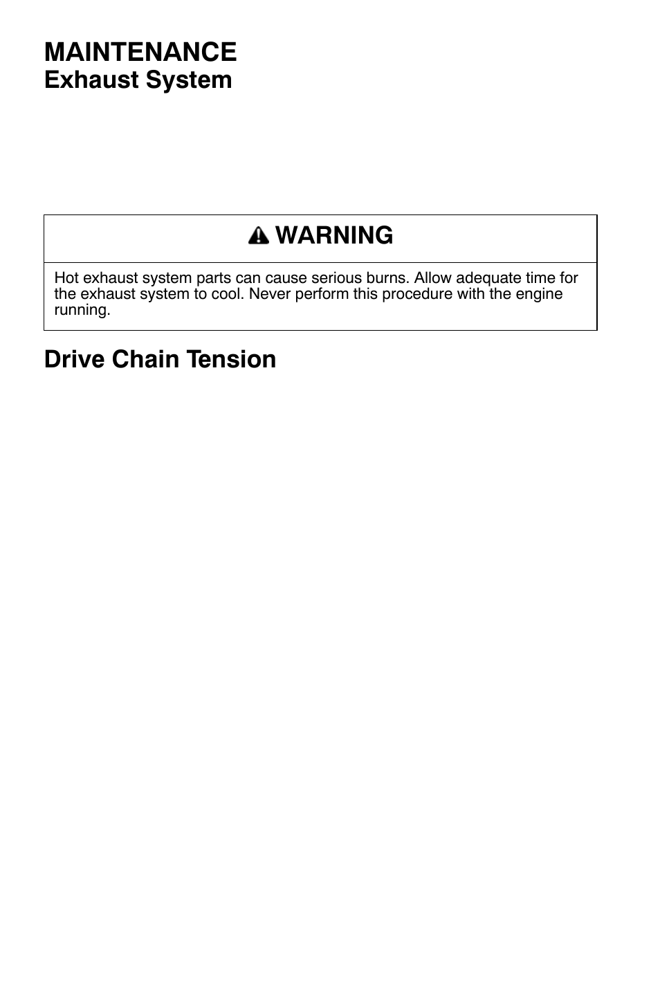 Maintenance, Exhaust system, Drive chain tension | Warning | Polaris Widetrak LX User Manual | Page 79 / 130