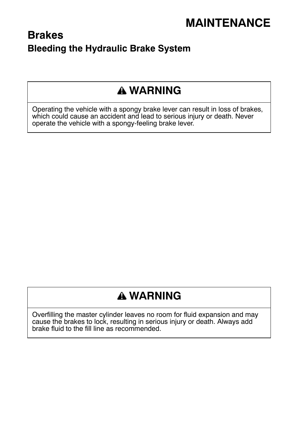 Maintenance, Brakes, Warning | Polaris Widetrak LX User Manual | Page 82 / 130