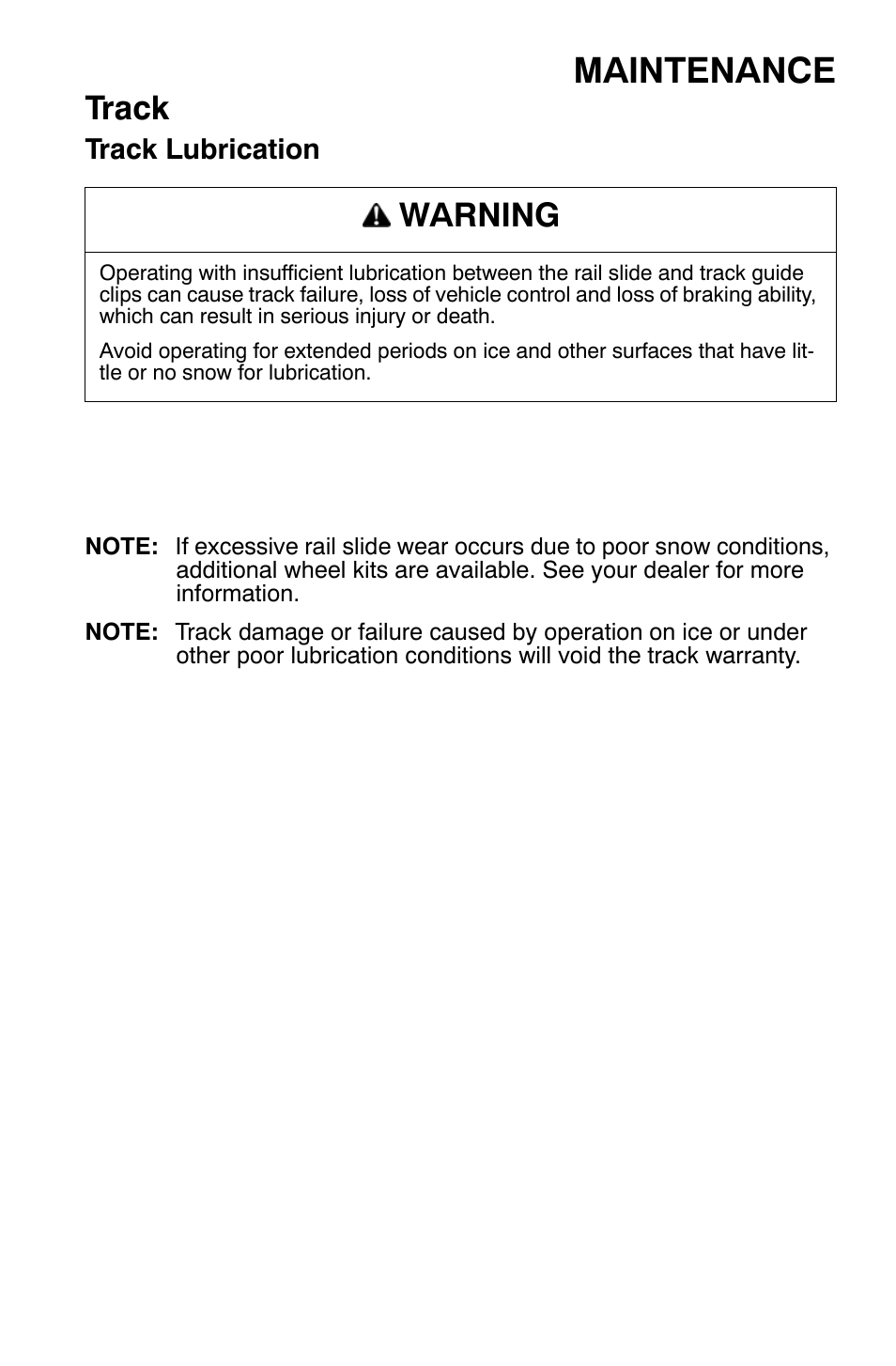 Maintenance, Track, Warning | Polaris Widetrak LX User Manual | Page 92 / 130